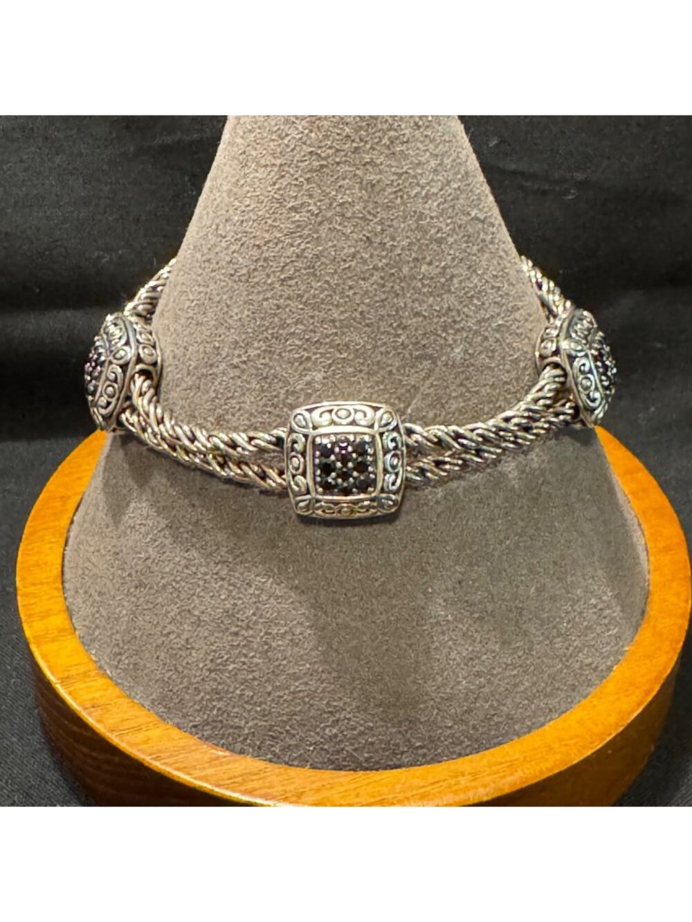John Hardy Sterling Silver 925 Black CZ Cable Chain Bracelet Size 7" Length